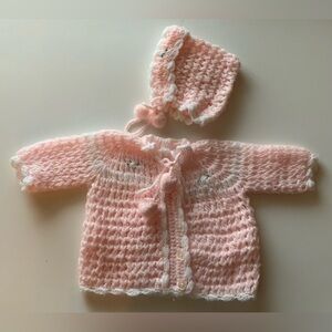 Vintage Pink Knit Baby Sweater and Hat Set